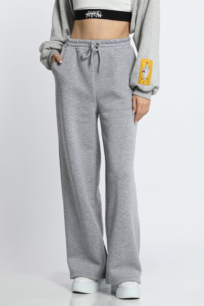 Gray Women's Waist Lace-up Three Thread Ribbed Wide Leg Palazzo Bottom Tracksuit