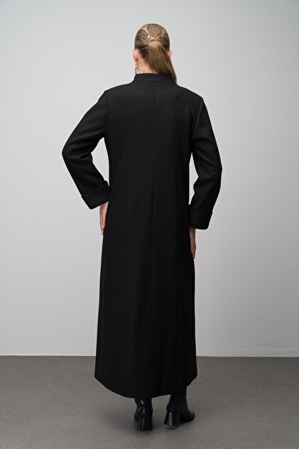 Olcay Leather and Accessory Detailed Wool Blend Oversized Overcoat
