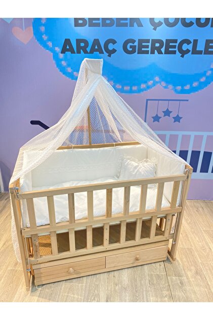 TURHAN BEBE Ahşap Anne Yanı Asansörlü Çekmeceli Sallanır Beşik Tam
