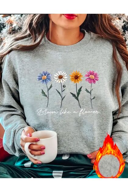 Colorful Flowers Printed Crew Neck Raised Sweatshirt