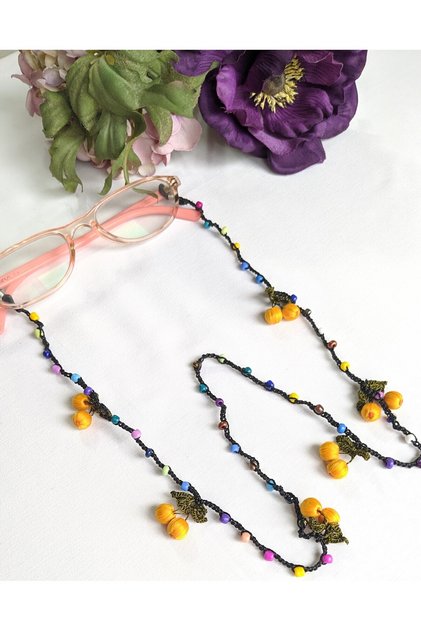 Yellow Glasses Lanyard with Cherry Crochet Glass Beads