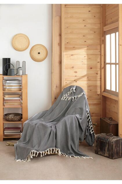 Cotton Single Sofa and Armchair Cover - Tv Blanket Throw- Line- 120*150 Cm. Tied Fringes