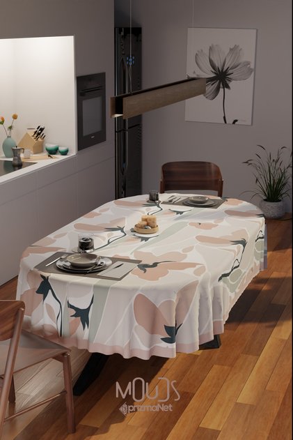 Mirror Flowers Floral Patterned Suede Fabric Care Free Oval Tablecloth