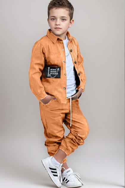 Boy's Snap Button Detailed Shirt Collar Jacket Combed Cotton T-Shirt Tan Tracksuit Set