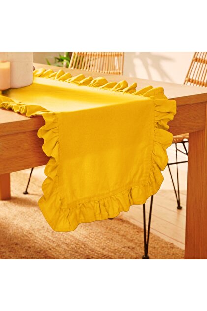 Belomia Home Collection Koyu Sarı Fırfırlı Runner, Kadife Dokulu