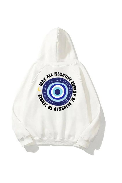 Unisex Oversize Sweatshirt Hoodie with Evil Eye Bead Print in White – Hooded, Kangaroo Pocket, 3 Strands