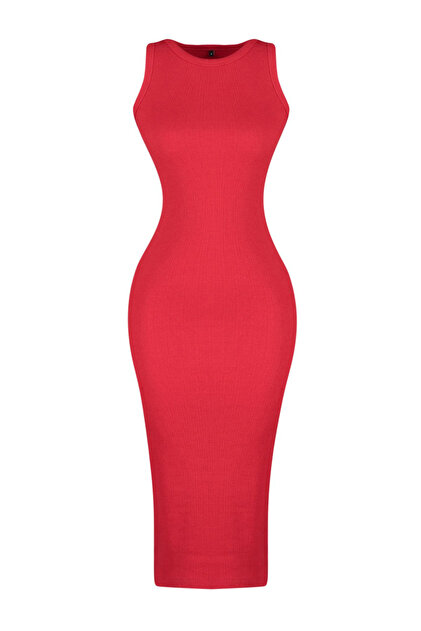 Trendyol Collection Red Ribbed Bodycone/Fitted Crew Neck Flexible Midi  Knitted Pencil Dress TWOSS22EL1575- Trendyol