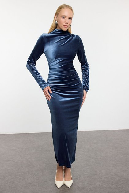 Indigo Straight Gather/Drape Detaillierter Stehkragen Midi Bodycone/Bodycon-Strickkleid TWOAW25EL00400