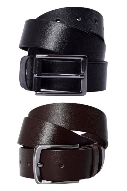 2' Pack 100% Genuine Men's Buffalo Leather Jeans Belt 4 cm Black - Brown