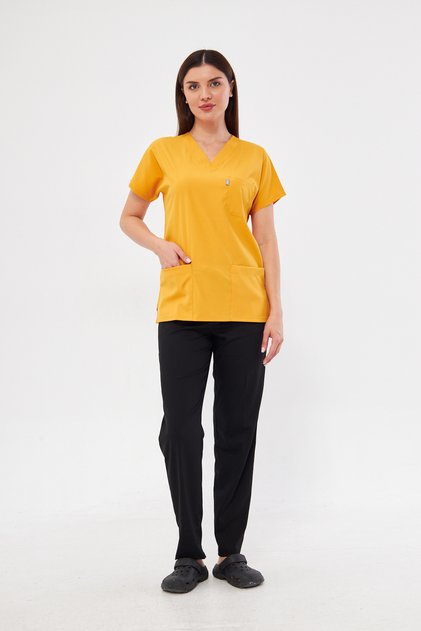 Mustard Black Lycra Unisex Medical Nurse and Doctor Uniform Apron Surgical Clothing Suit