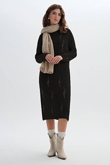 SHERIN Black Long Ripped Patterned Knitwear Dress- Trendyol