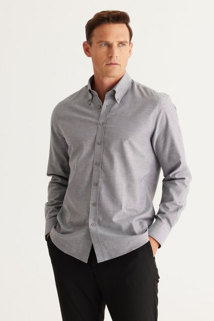 Men's Gray Slim Fit Narrow Cut Button Collar 100% Cotton Oxford Shirt