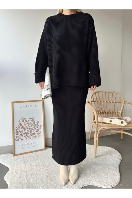 Harlow Black Knitwear Stand Collar Sweater Long Skirt Set
