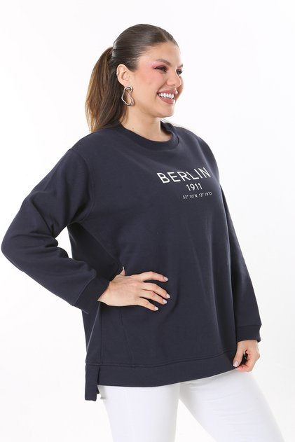 Women's Large Size Navy Blue Ribbed Inside Slit Sweatshirt 65N37716