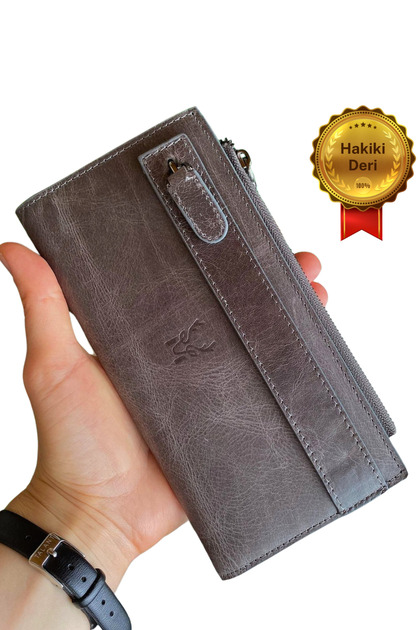 Mannu - Elite Serie Real Leather Long Gray Wallet with Hand Band, Coin Compartment