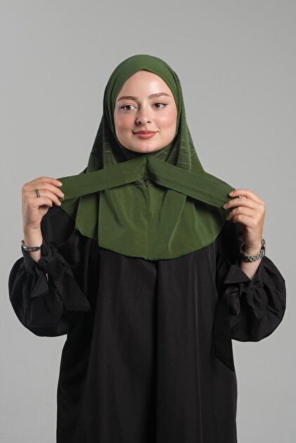 Haki Pratik Hazır Geçmeli Tesettür Eşarp Sandy Arkadan Çıtçıtlı Piliseli Hijab 2406_09