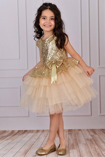 DAFTO KDS Gold Color Sequin Tulle Girl's Dress- Trendyol DAFTO KDS Gold Color Sequin Tulle Girl's Dress- Trendyol