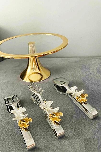 Set of 3 Silver Serving Tongs with Butterfly Detail