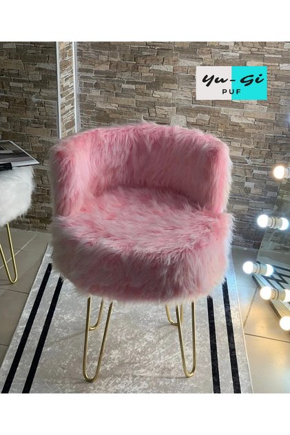 Peluş Makyaj Sandalyesi - Pembe Renk Peluş 4 Gold Ayaklı - 4 Ayaklı Makyaj Sandalyesi