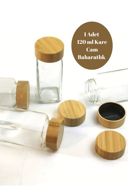1 Adet Dayanıklı Cam Baharat Şişeleri 120 ml bambu Kapaklı - Tuz, Biber Barbekü Baharatları kare cam