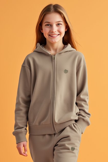 Harves Olive Gray Cotton Zippered Girl's Sweatshirt