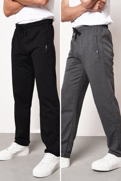 Negru-antracit pentru bărbați, buzunar cu fermoar, broderie, picior drept detaliat, croială confortabilă, pachet de pantaloni de sport din 2 piese