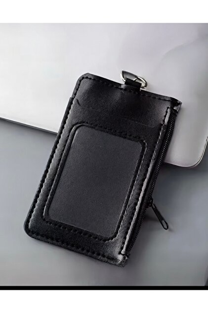 Leather Vertical Black Card Holder Id Badge Protector with Zipper