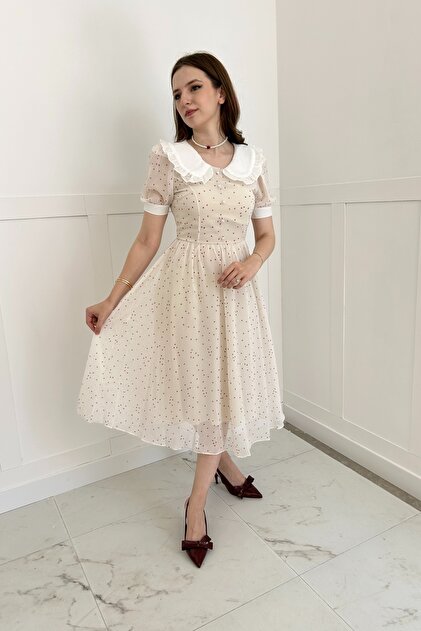 chiffon peter pan collar dress Emma Peter Pan Collar Chiffon and Crochet Trim Dress in Beige Lily Boutique