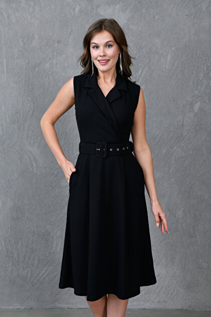 【タグ付】Ralph Lauren / エンパイアラインドレス 黒 m779 bayansepeti Kadın Siyah Esnek Kumaş Kruvaze Yaka Kemer Detaylı