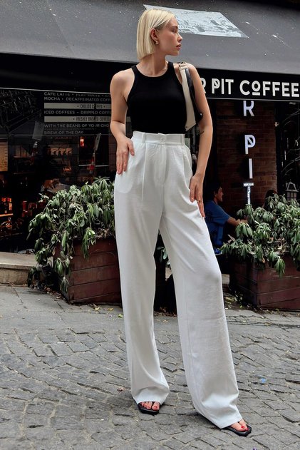 Swist Weiße Aura Beli Palazzo Damen-Leinenhose mit elastischen Taschen