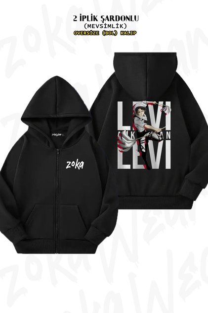 Oversize Attack on Titan Levi Ackerman Anime 4 Back Printed Zip-Up Hooded Black Cardigan (2 Thread)