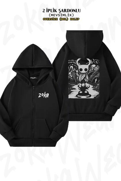 Oversize Ghost Knight Graphic Art Hollow Back Printed Zipper Hooded Black Cardigan (2 Yarns)