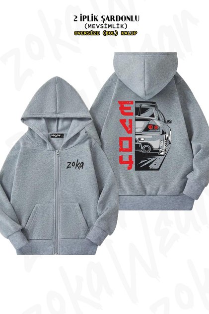 Mitsubishi Evo 4 Japanese - Back Printed, Zip-Up Hooded Gray Cardigan (2 Thread)