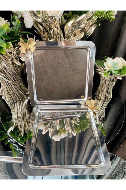 2 Pcs Coffee & Tea & Presentation Tray Metal Casting Silver Tray with Butterfly Accessories