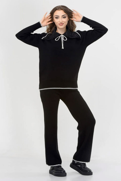 Stone Embellished Collar, Lace Detail, Ribbed Bottom-Top Knitwear Tunic Pant Set, Autumn Winter Long Sleeve