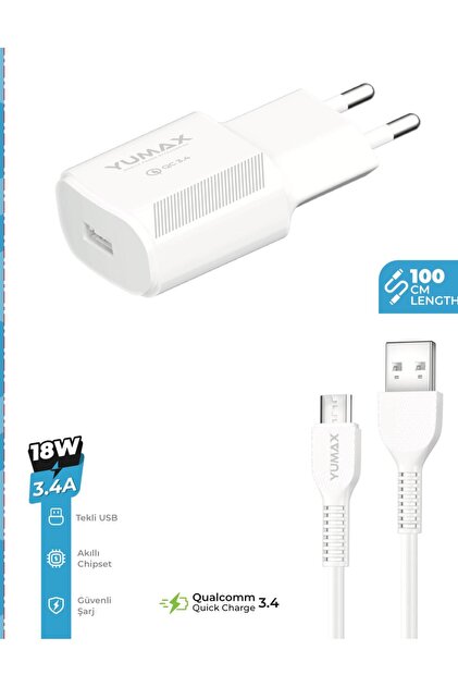 yumax 18W 3.4A Lightning & USB Hızlı Şarj Adaptörü + 100cm Kablo