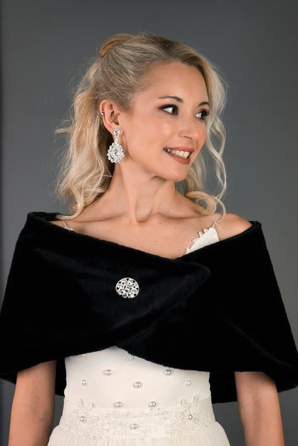 Schwarzer Broschen-Pelz-Etol-Brautbolero – Schal, stilvolles Design, Damenaccessoire