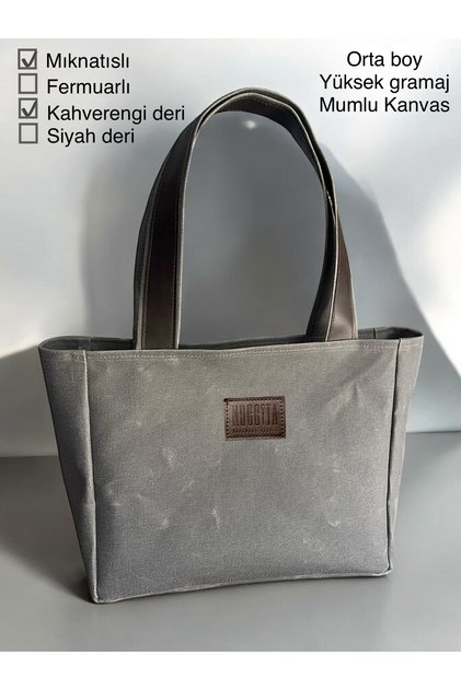 Medium Size Waxed Canvas Anthracite Color Shoulder Bag with Magnet