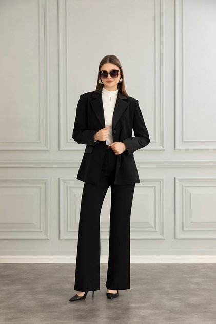 Astarlı Saten Detaylı Blazer Ceket Pantolon Takım