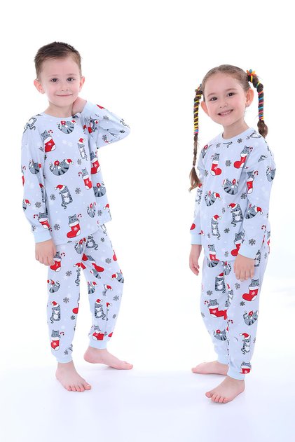 Christmas Cat Patterned Unisex Children's Pajamas Set