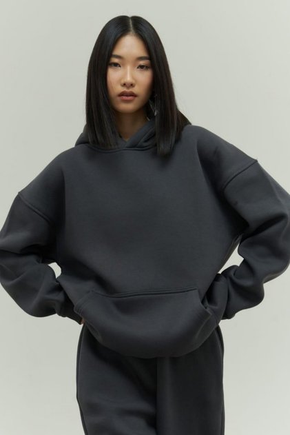 Kadın Rahat Oversize 3 İplik Pamuklu Şardonlu Kanguru Cep Kapşonlu Sweatshirt