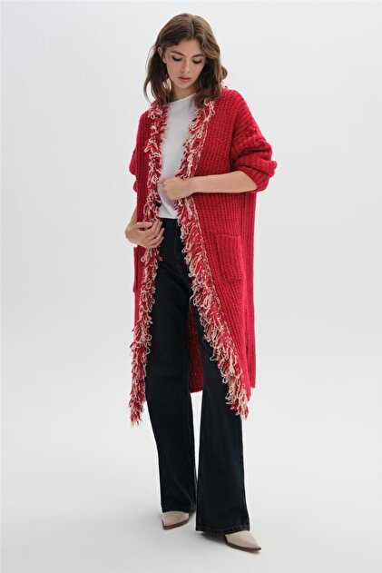 Red Long Tasseled Sweater Cardigan