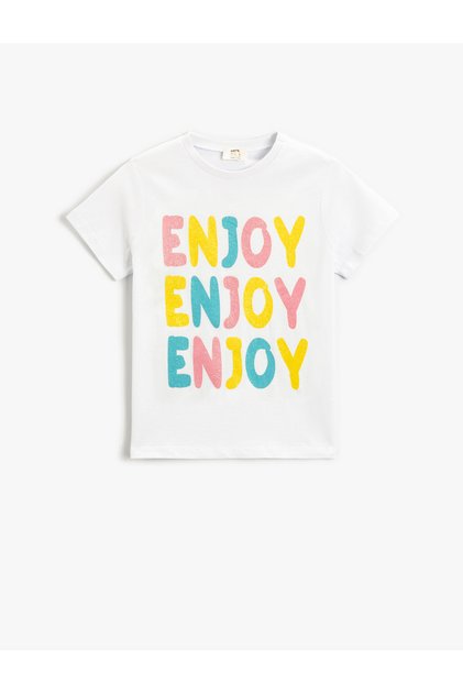 Short Sleeve Glitter Printed T-Shirt Crew Neck Cotton