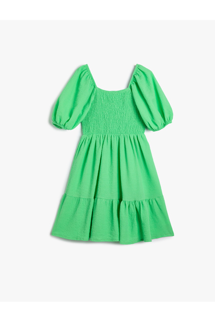 Dress Balloon Sleeve Elastic Square Neck Cotton