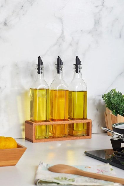 3 Lü Yağdanlık Seti 500 ml , Ahşap Stantlı Yağlık Sirkelik