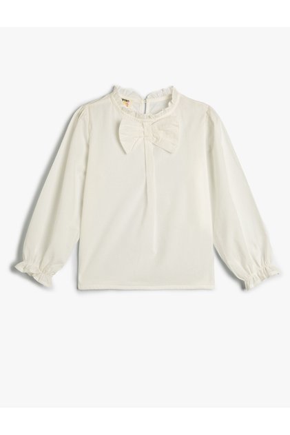 Blouse Bow Detailed Stand Collar Sleeves Elastic Cotton
