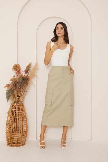 Women's Khaki Gabardine Midi Skirt Dm2032