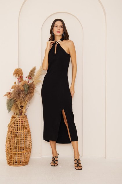 Women's Black Collar Chain Detailed Slit Sleeveless Dress Dm1026