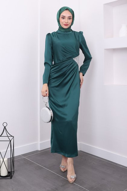 Emerald Green Satin Evening Dress with Stone Embellished