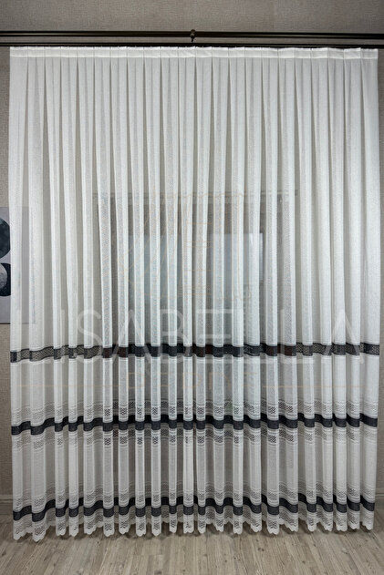 Vera Lace Gray Stripe Tulle Curtain (1/3 Close Pleated)